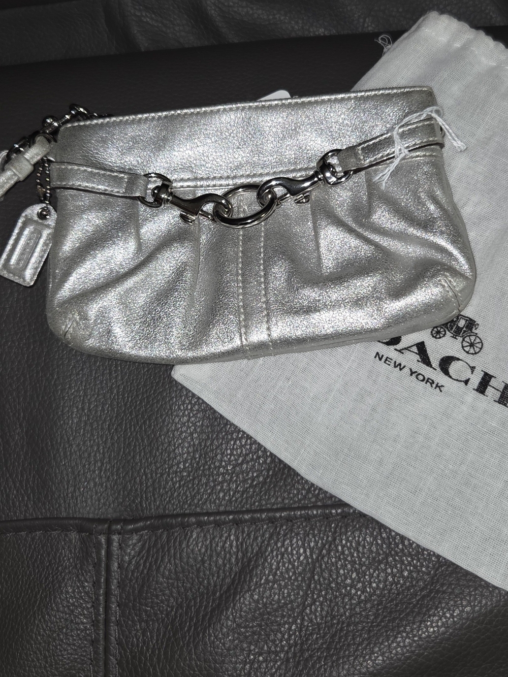 Coach Silver Metallic Wristlet Clutch With Dust Bag
